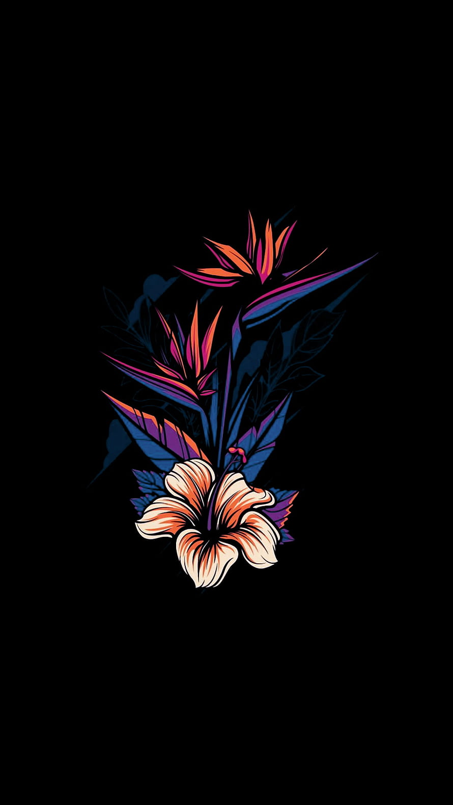 Neon Tropical Bird of Paradise and Lily Floral Illustration on Black Background HD phone wallpaper