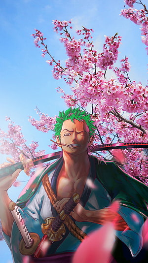 Roronoa Zoro Wano Arc One Piece Anime Illustration Under Cherry Blossoms HD phone wallpaper