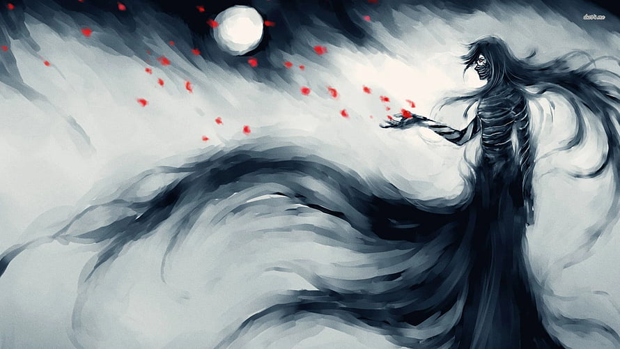 Bleach Anime Character in Flowing Black Robe Under Full Moon with Red Petals HD wallpaper