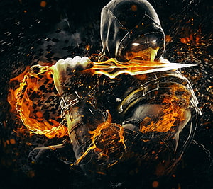 Scorpion from Mortal Kombat Wielding a Flame-Enshrouded Katana in Dark Cinematic Art HD wallpaper