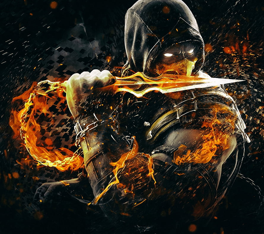Scorpion from Mortal Kombat Wielding a Flame-Enshrouded Katana in Dark Cinematic Art HD wallpaper