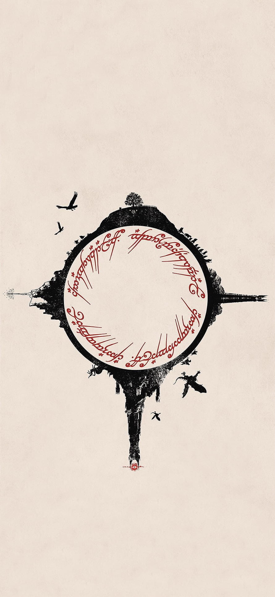 Lord of the Rings Minimalist Ink Design with Elvish Script and Silhouetted Birds HD phone wallpaper