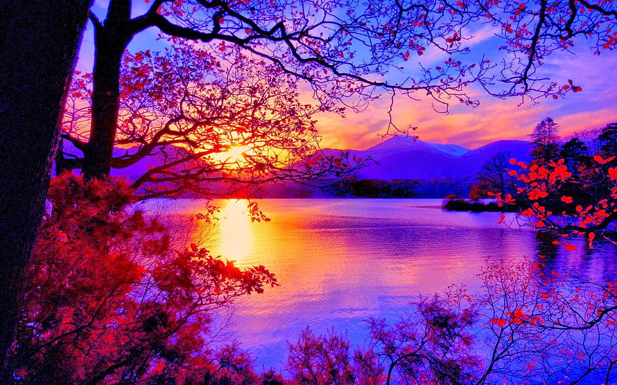 Vibrant Sunset Over a Serene Lake with Autumn Foliage and Distant Mountains HD wallpaper