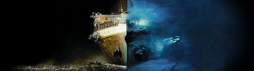 Titanic Shipwreck Split Screen Wallpaper with Underwater Submarine View HD wallpaper