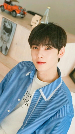 Cha Eun Woo in a Blue Striped Shirt and White Tee HD phone wallpaper