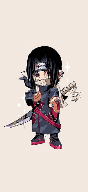 Chibi Itachi Uchiha in Akatsuki Robe with Crow and Kunai from Naruto Shippuden HD phone wallpaper