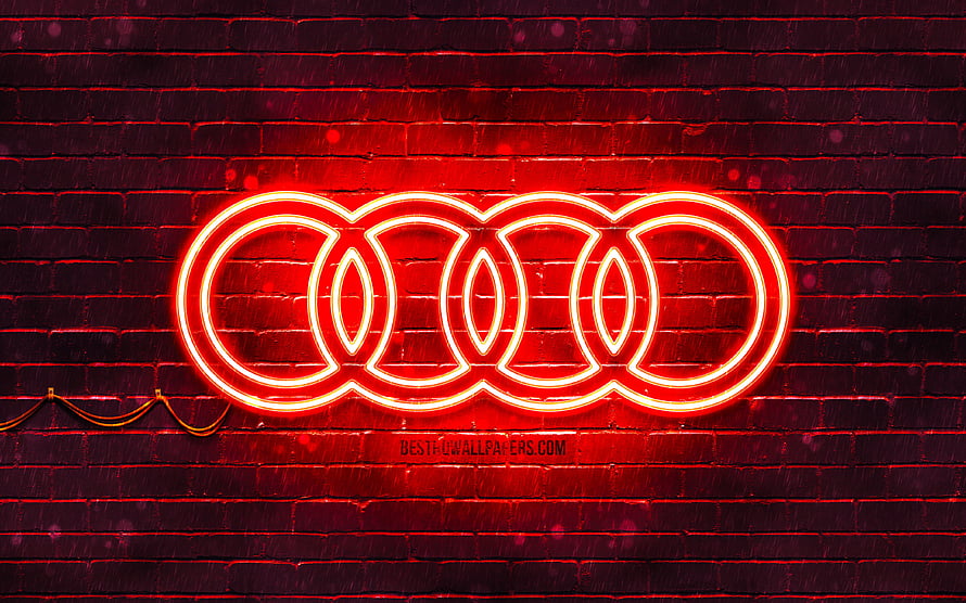 Audi four rings neon sign glowing red on dark brick wall HD wallpaper