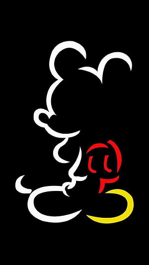 Minimalist Mickey Mouse Line Art Silhouette with Red and Yellow Accents on Black Background HD phone wallpaper