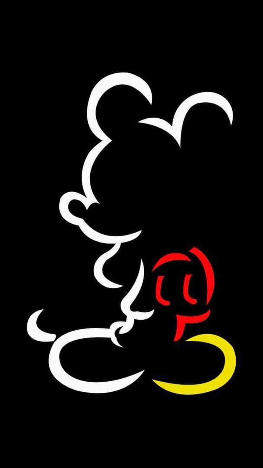 Minimalist Mickey Mouse Line Art Silhouette with Red and Yellow Accents on Black Background HD phone wallpaper