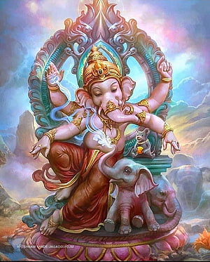 Lord Ganesha Seated on Lotus with Baby Elephant and Ornate Mandala Halo HD phone wallpaper