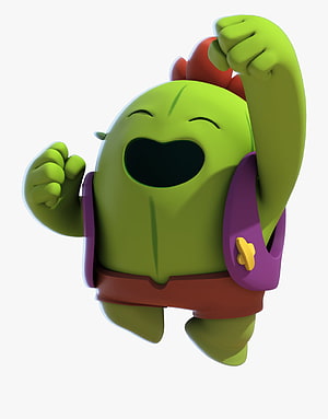 Spike from Brawl Stars in a joyful 3D render with purple backpack and red shorts HD phone wallpaper