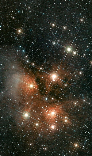 Deep Space Star Field with Red Nebula and Bright Star Diffraction Spikes HD phone wallpaper