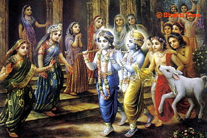 Bal Krishna Playing Flute with Gopis and a Goat in Traditional Indian Painting HD wallpaper