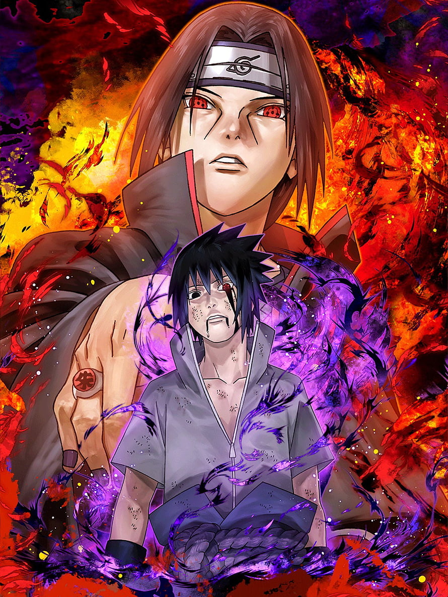 Sasuke and Itachi Uchiha in Dramatic Anime Art with Purple Chakra and Fiery Background HD phone wallpaper