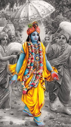 Lord Krishna in Vibrant Yellow Dhoti and Floral Garland with Peacock Feather Crown HD phone wallpaper