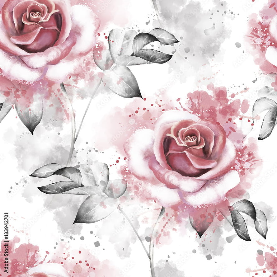 Watercolor Pink Rose Floral Pattern with Grey Leaves and Paint Splashes on White Background HD phone wallpaper