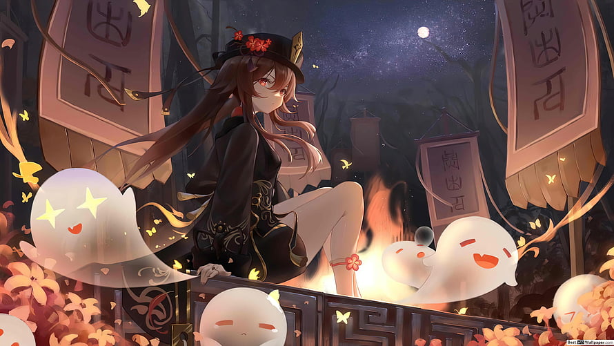 Hu Tao and Ghost Spirits in a Moonlit Cemetery Scene from Genshin Impact HD wallpaper