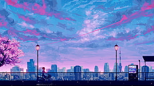 Anime Cityscape at Dusk with Tokyo Tower and Cherry Blossoms HD wallpaper