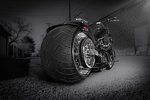 Custom Chopper Motorcycle With Massive Rear Tire In Urban Alley HD wallpaper