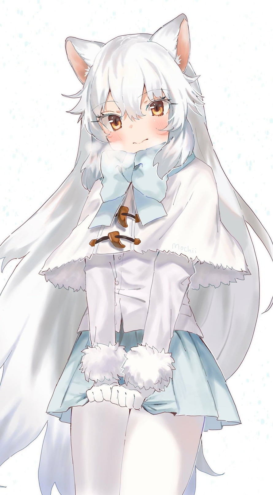 White Fox Ears Anime Girl in Winter Coat and Scarf HD phone wallpaper