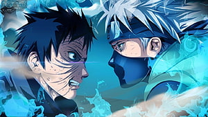 Naruto Shippuden: Kakashi and Obito Face-Off in Intense Blue Energy Clash HD wallpaper