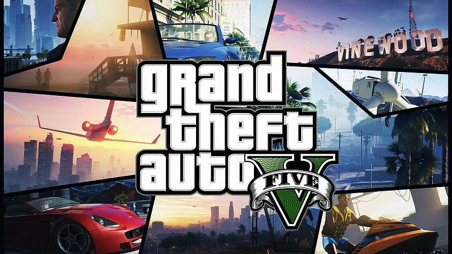 Grand Theft Auto V Logo With Los Santos Cityscape, Sports Cars, and Aircraft Collage HD wallpaper