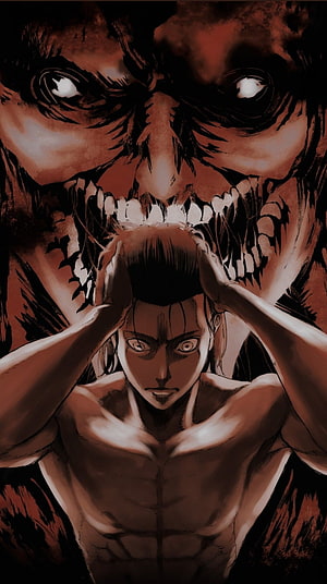 Eren Yeager and Jaw Titan in Dark Monochrome Attack on Titan Artwork HD phone wallpaper