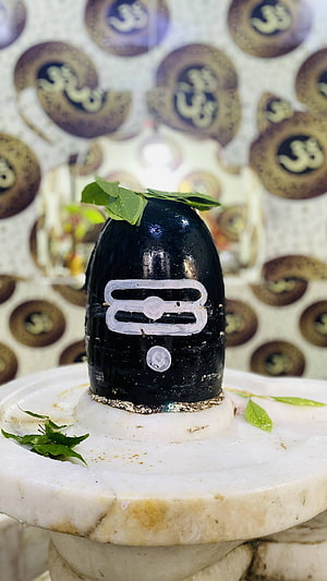 Black Stone Shivalingam with Bilva Leaves on White Marble Base HD phone wallpaper