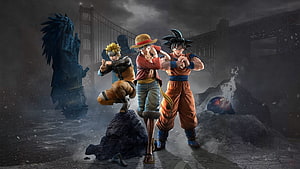 Jump Force Anime Crossover Featuring Naruto, Luffy, and Goku in a Dark Battle Scene HD wallpaper