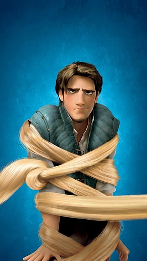 Flynn Rider Bound by Rapunzel's Hair in Tangled Animated Character Portrait HD phone wallpaper