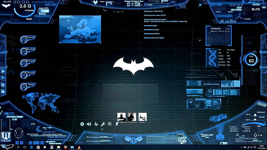 Batcomputer Interface with Bruce Wayne Profile and Gotham City Data Display HD wallpaper