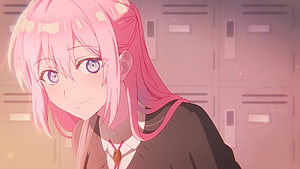 Shikimori's Not Just a Cutie Anime Girl with Pink Hair and Purple Eyes in School Uniform HD wallpaper