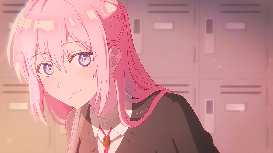 Shikimori's Not Just a Cutie Anime Girl with Pink Hair and Purple Eyes in School Uniform HD wallpaper