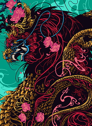 Intricate Asian Dragon Illustration with Vibrant Floral Patterns and Teal Background HD phone wallpaper