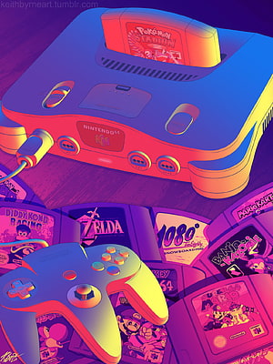 Vaporwave Nintendo 64 Console and Controller with Classic Game Cartridges HD phone wallpaper