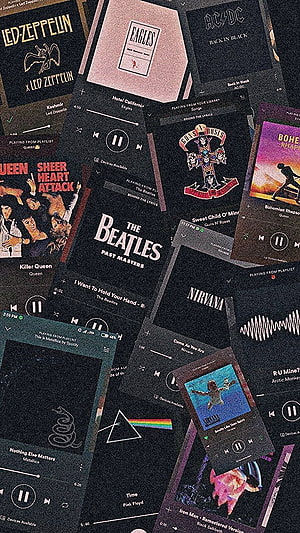 Classic Rock Band Album Covers and Music Player Interface Collage Wallpaper HD phone wallpaper