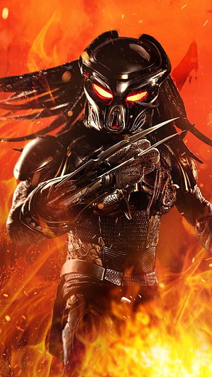 Predator Alien Warrior with Glowing Red Eyes and Claws in Fiery Inferno HD phone wallpaper