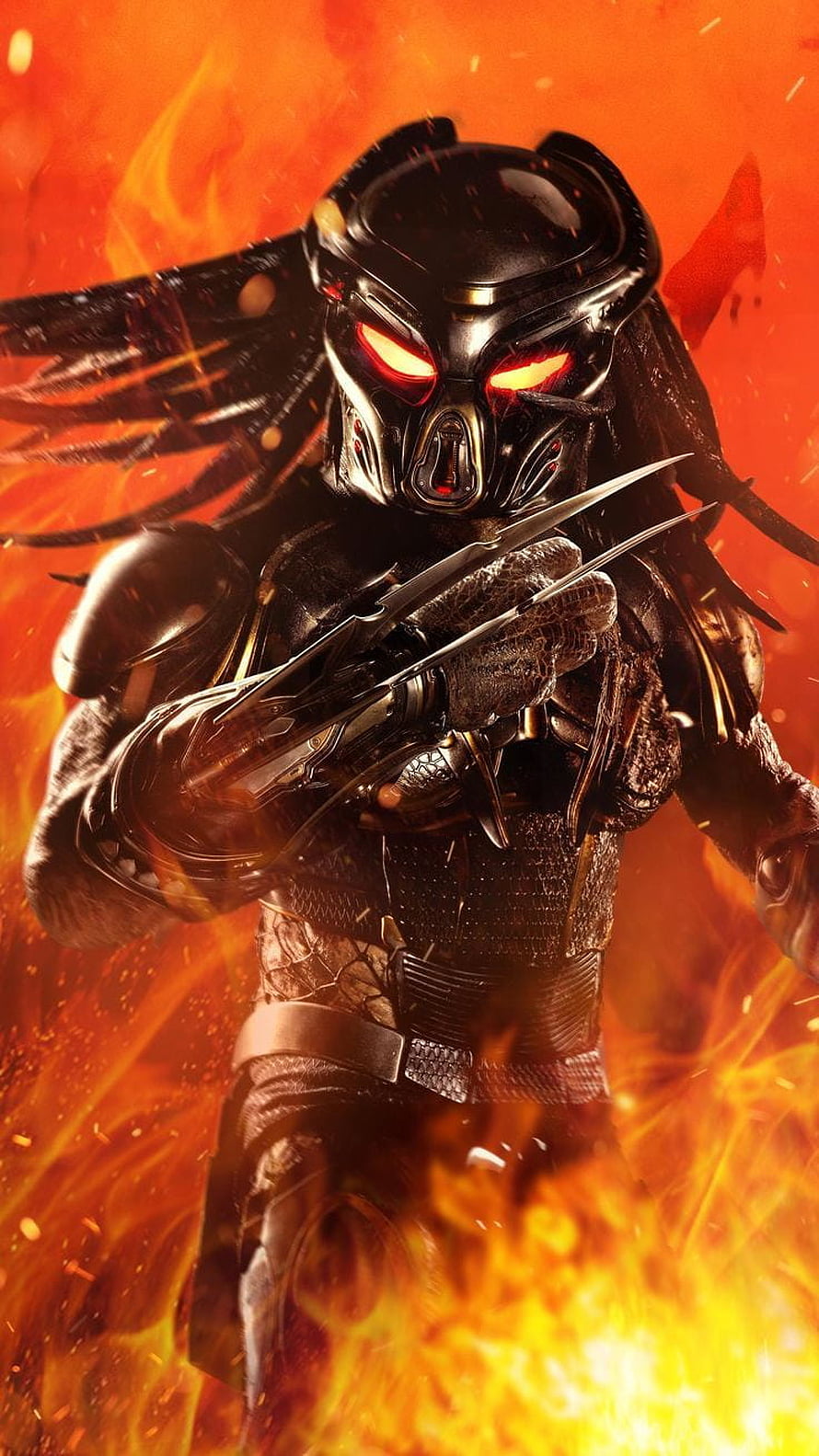 Predator Alien Warrior with Glowing Red Eyes and Claws in Fiery Inferno HD phone wallpaper