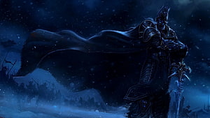 The Lich King in Dark Armor Standing in a Snowy Battlefield with Army Behind HD wallpaper