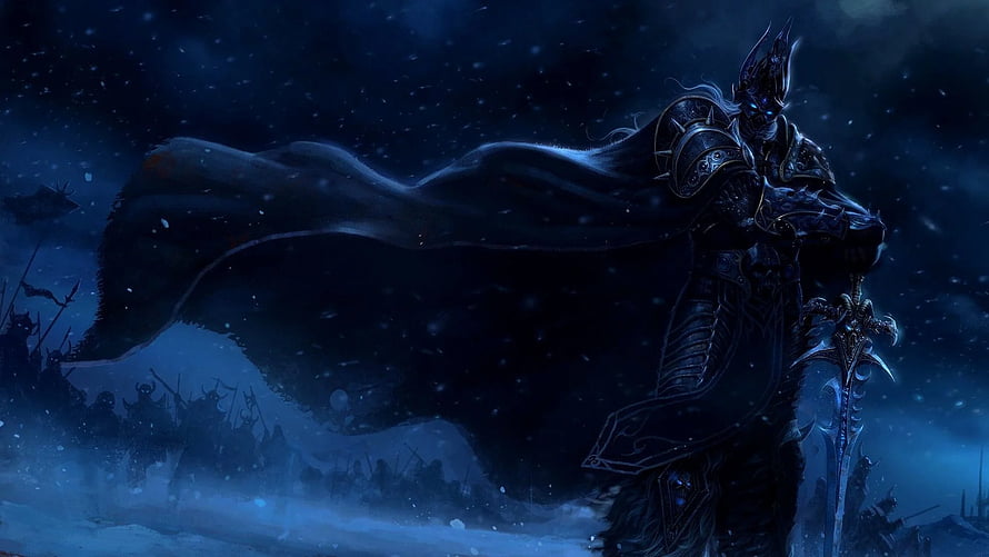 The Lich King in Dark Armor Standing in a Snowy Battlefield with Army Behind HD wallpaper