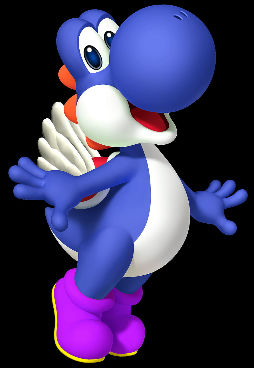 Blue Yoshi Character Render with Wings and Purple Boots on Black Background HD phone wallpaper