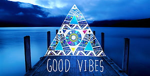 Mandala Triangle Art on Wooden Dock at Twilight Lake with Good Vibes Text HD wallpaper