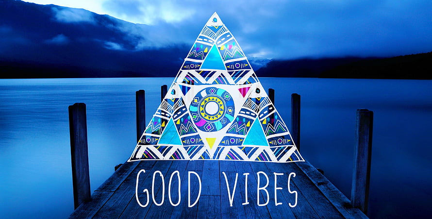 Mandala Triangle Art on Wooden Dock at Twilight Lake with Good Vibes Text HD wallpaper