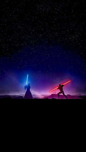 Star Wars Lightsaber Duel Silhouettes Under a Starry Night Sky HD phone wallpaper