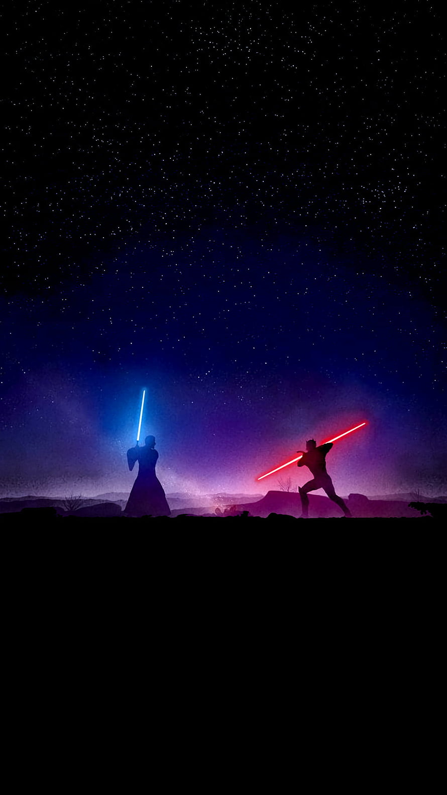 Star Wars Lightsaber Duel Silhouettes Under a Starry Night Sky HD phone wallpaper