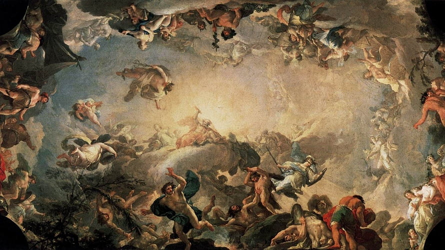 Dramatic Baroque Ceiling Fresco Depicting Greek Mythology and Divine Figures HD wallpaper
