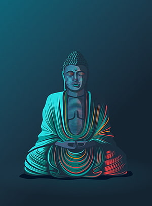 Meditating Buddha in Neon Teal and Red Line Art on Dark Background HD phone wallpaper