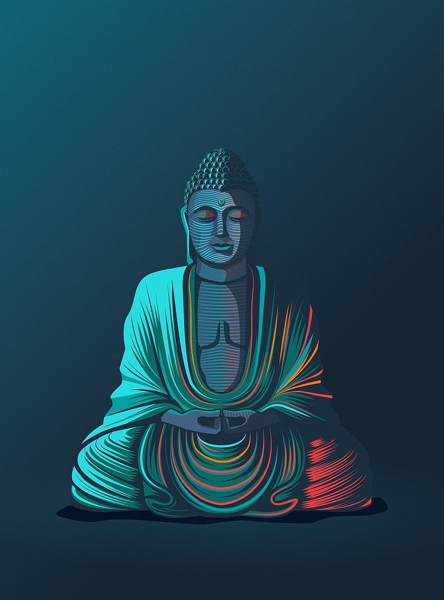 Meditating Buddha in Neon Teal and Red Line Art on Dark Background HD phone wallpaper