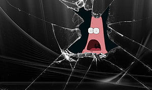 Patrick Star Peering Through Shattered Glass with Dramatic Lighting HD wallpaper