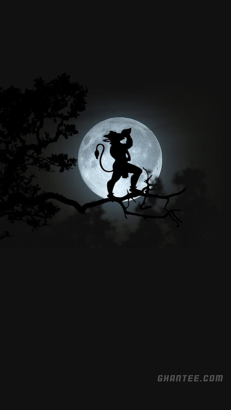 Hanuman Silhouette Perched on Branch Against Full Moon in Black and White HD phone wallpaper
